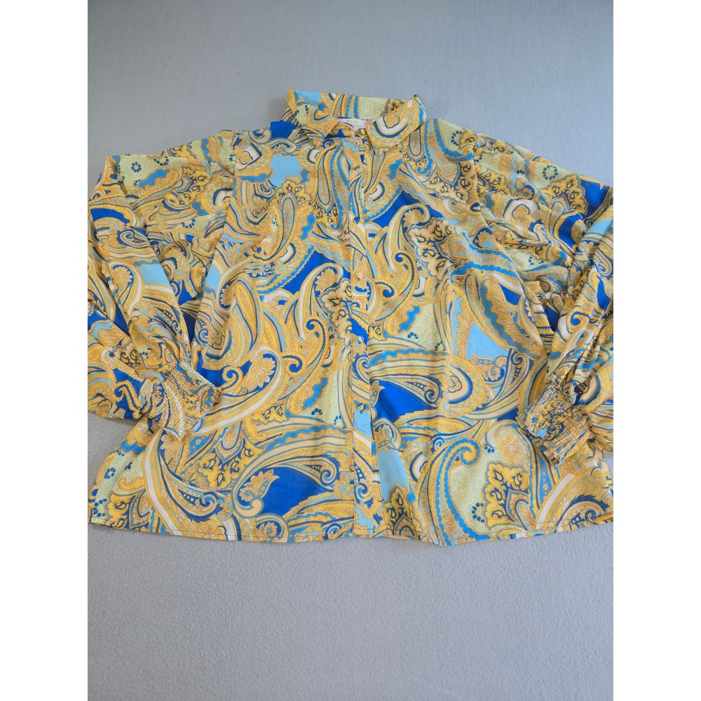 Flying Tomato Paisley Blouse Womens 1X Blue Yellow Smocked Cuff ITP11571